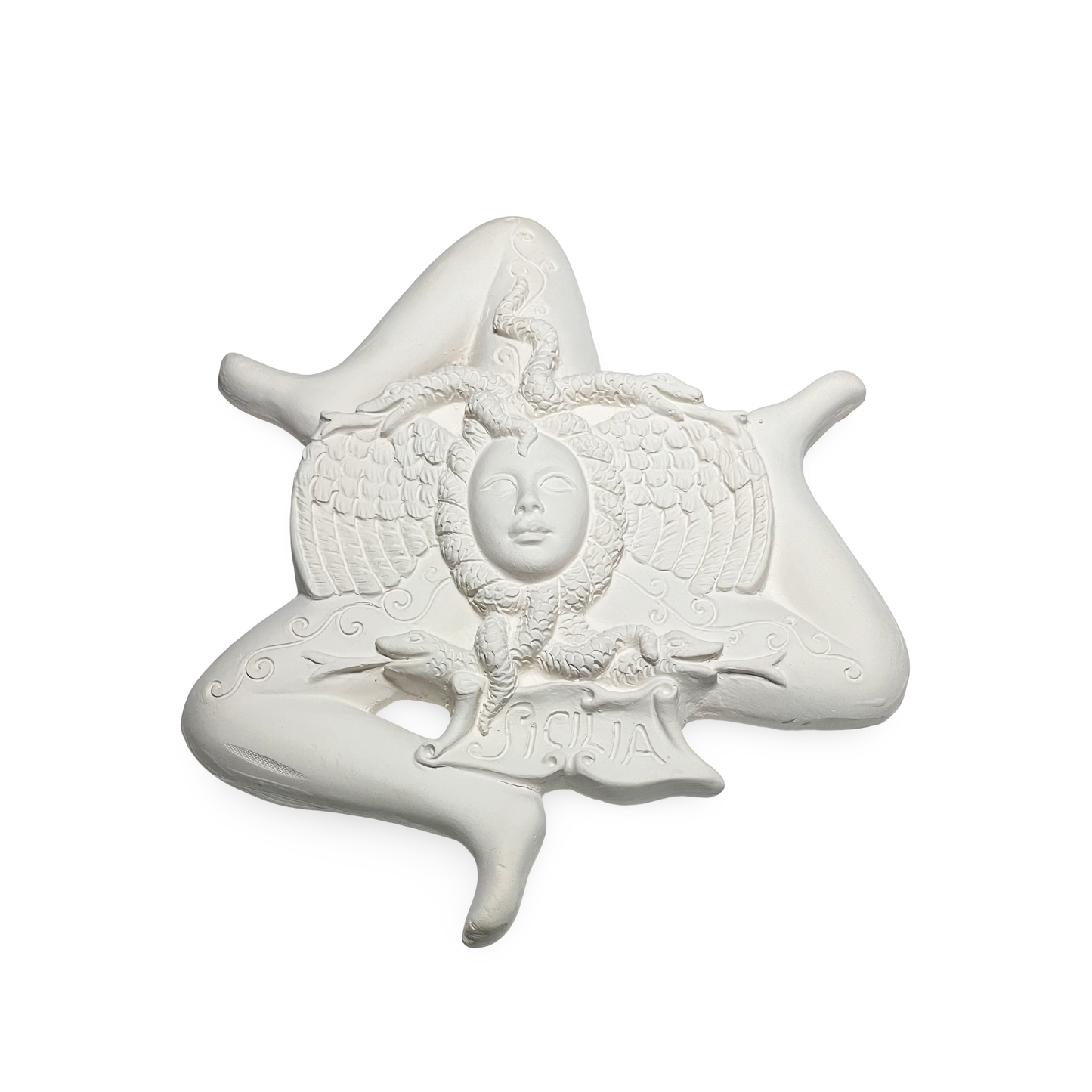 Trinacria sgambata semilavorata grezza in terracotta da decorare