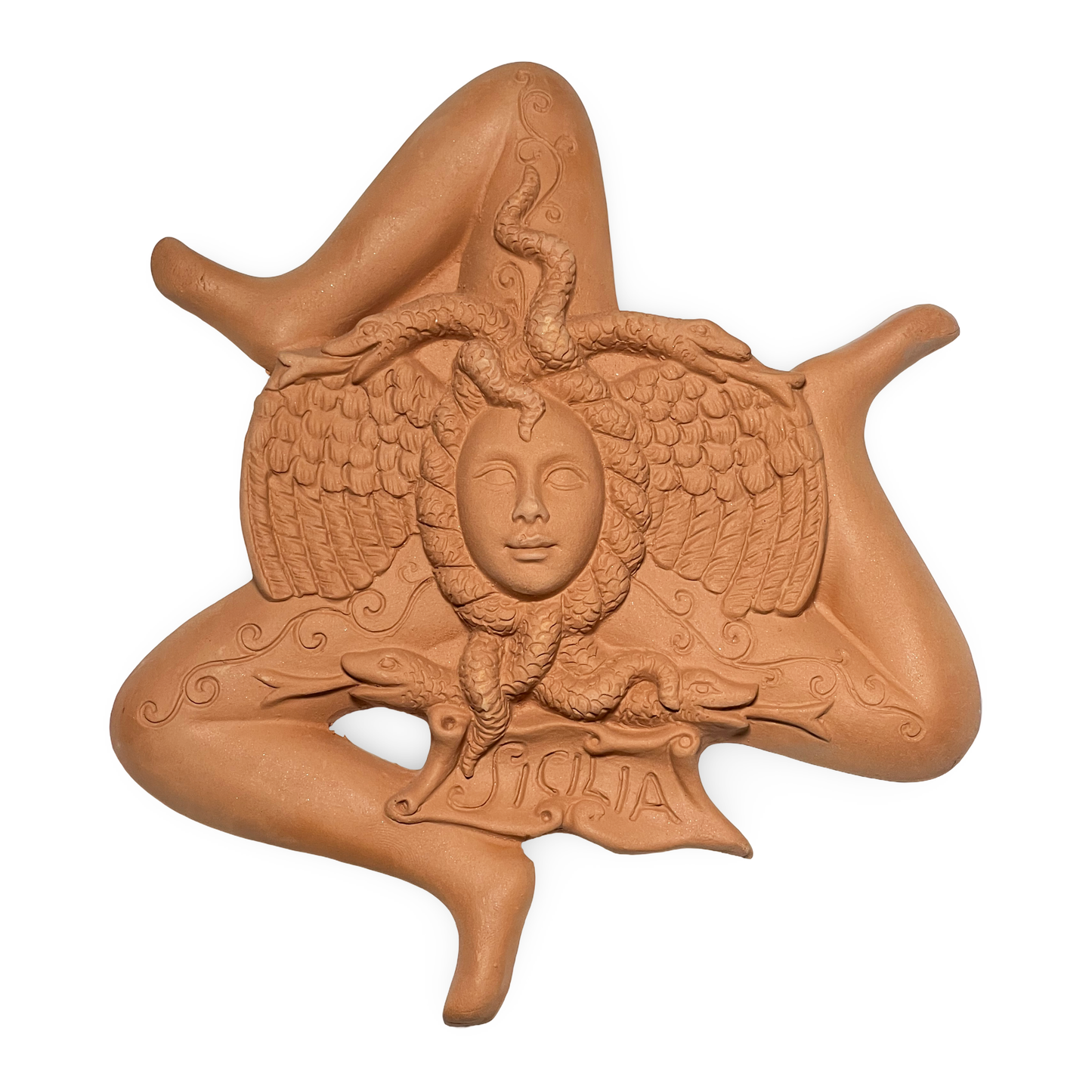 Trinacria sgambata semilavorata grezza in terracotta da decorare