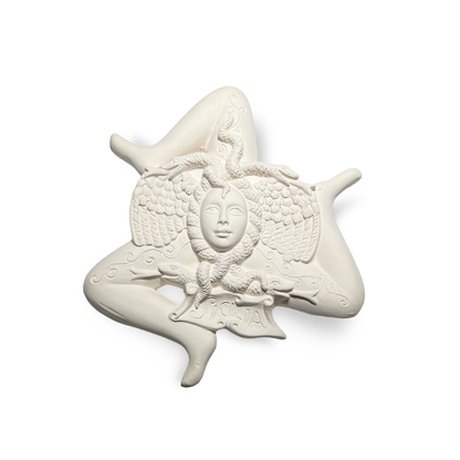 Trinacria sgambata semilavorata grezza in terracotta da decorare