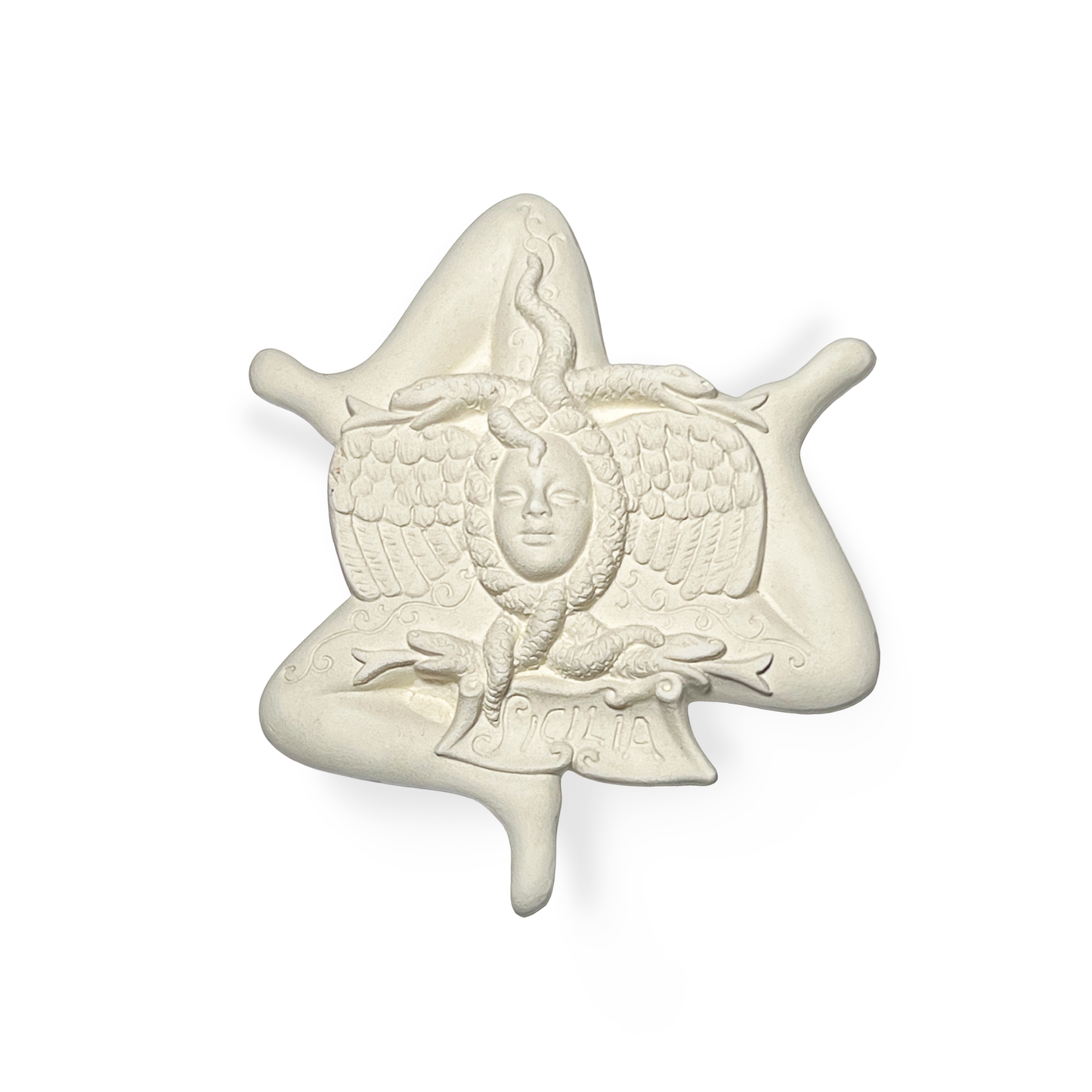 Trinacria sgambata semilavorata grezza in terracotta da decorare