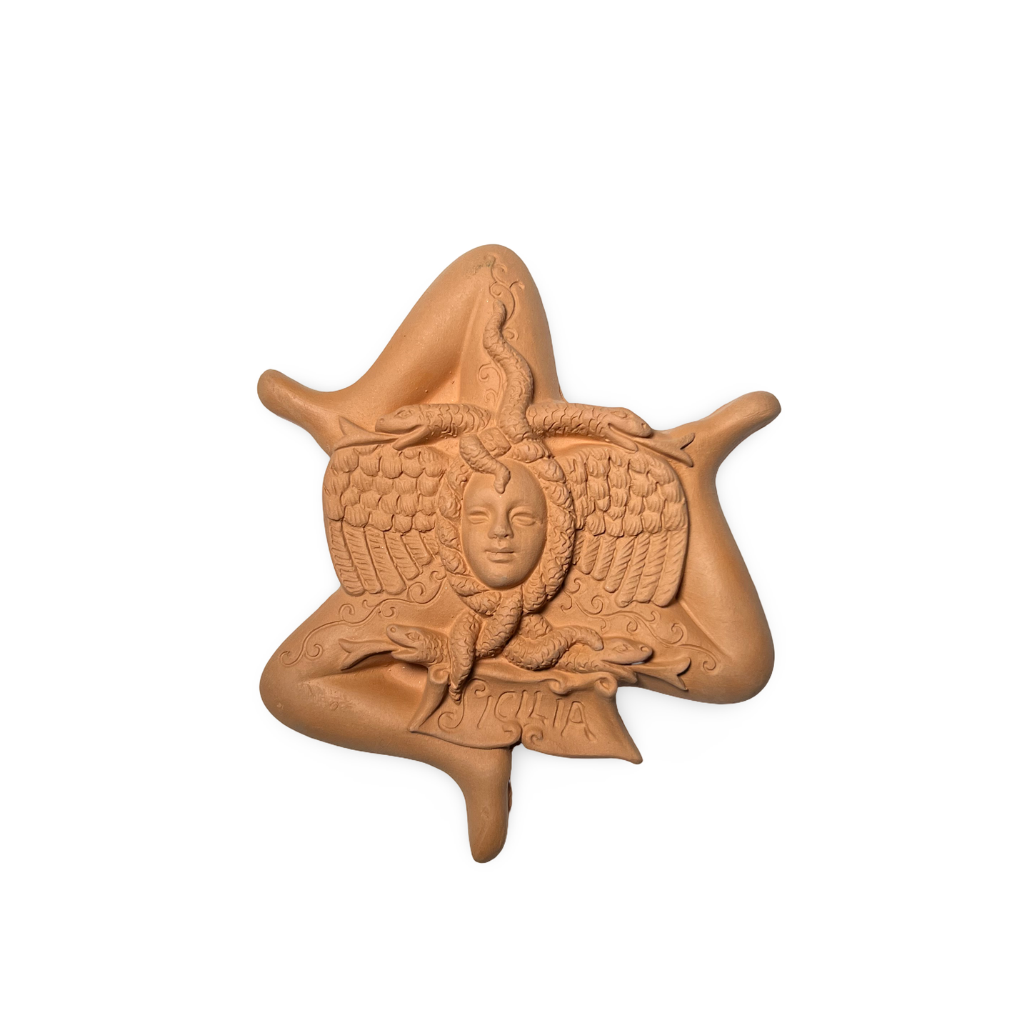 Trinacria sgambata semilavorata grezza in terracotta da decorare