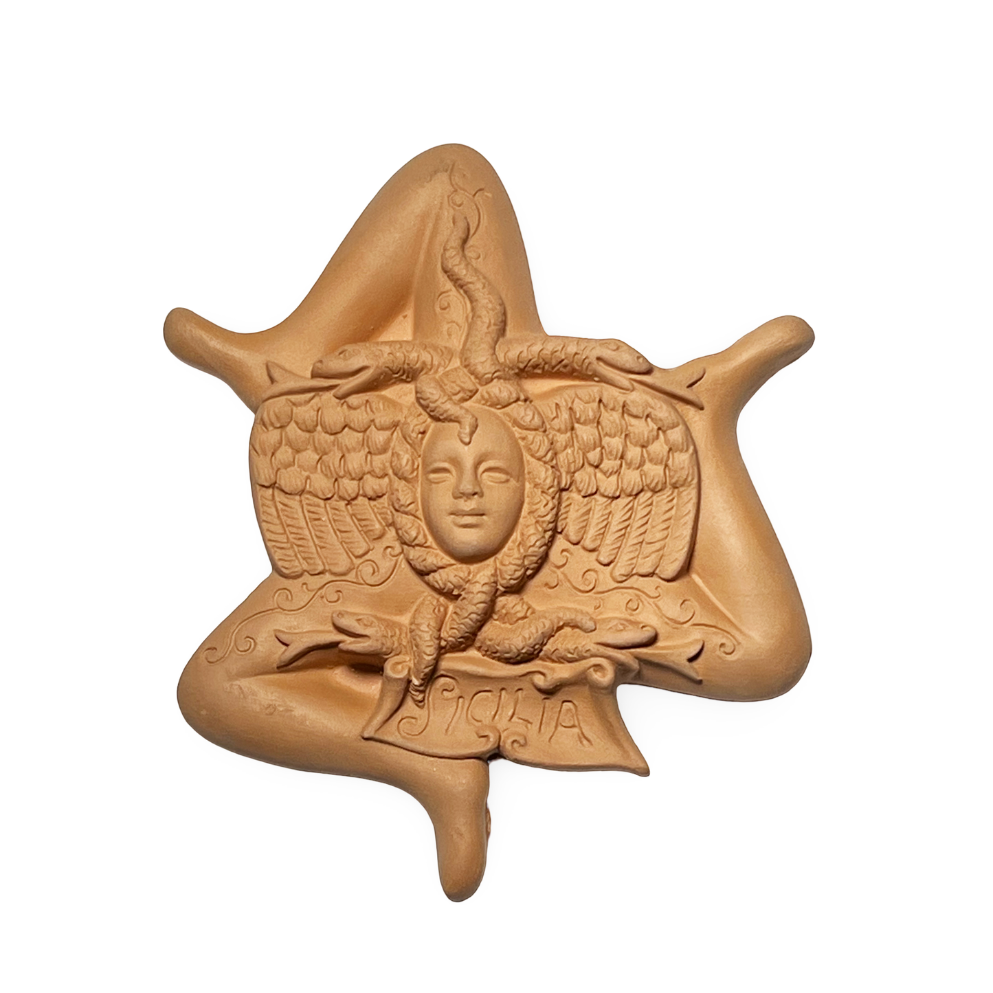 Trinacria sgambata semilavorata grezza in terracotta da decorare