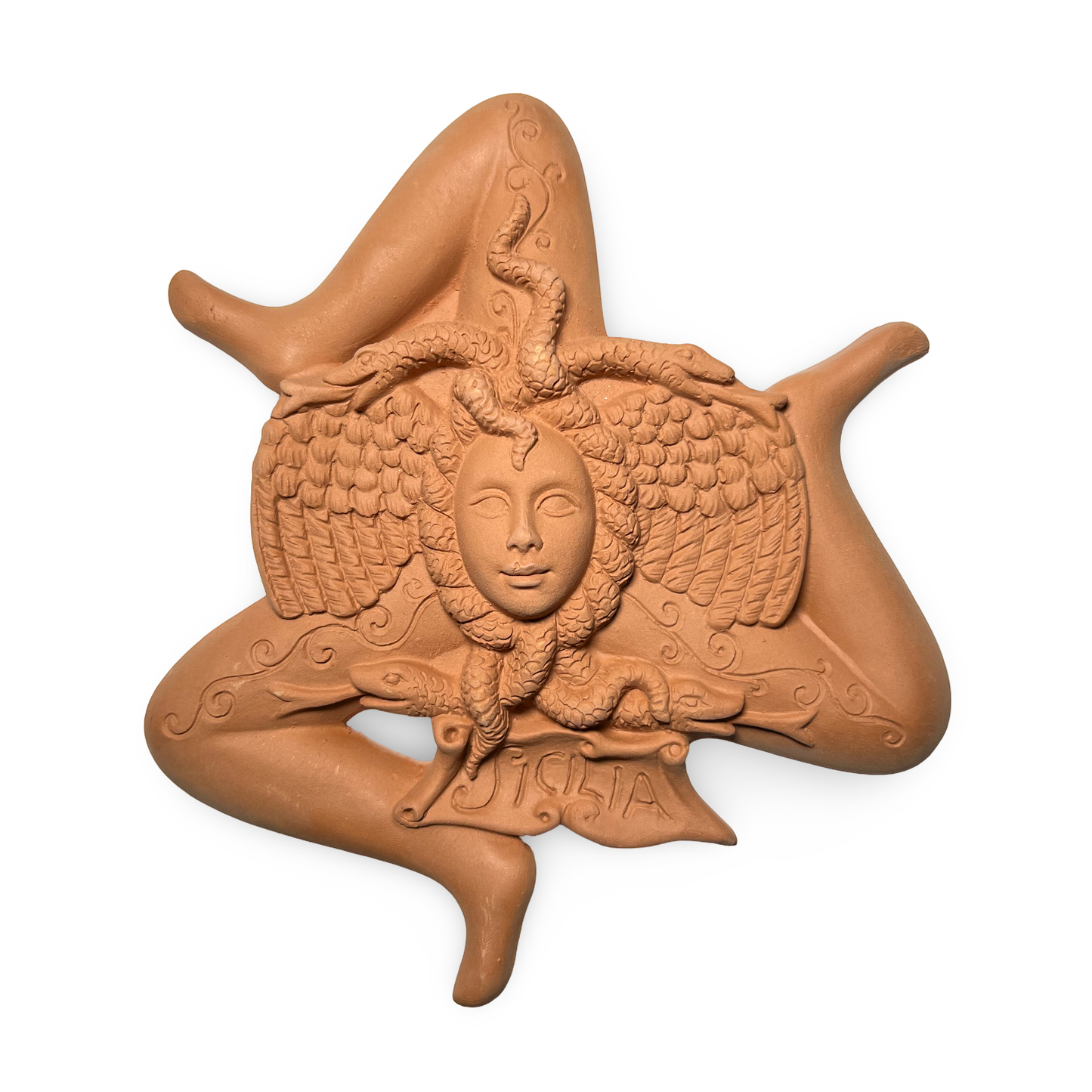 Trinacria sgambata semilavorata grezza in terracotta da decorare