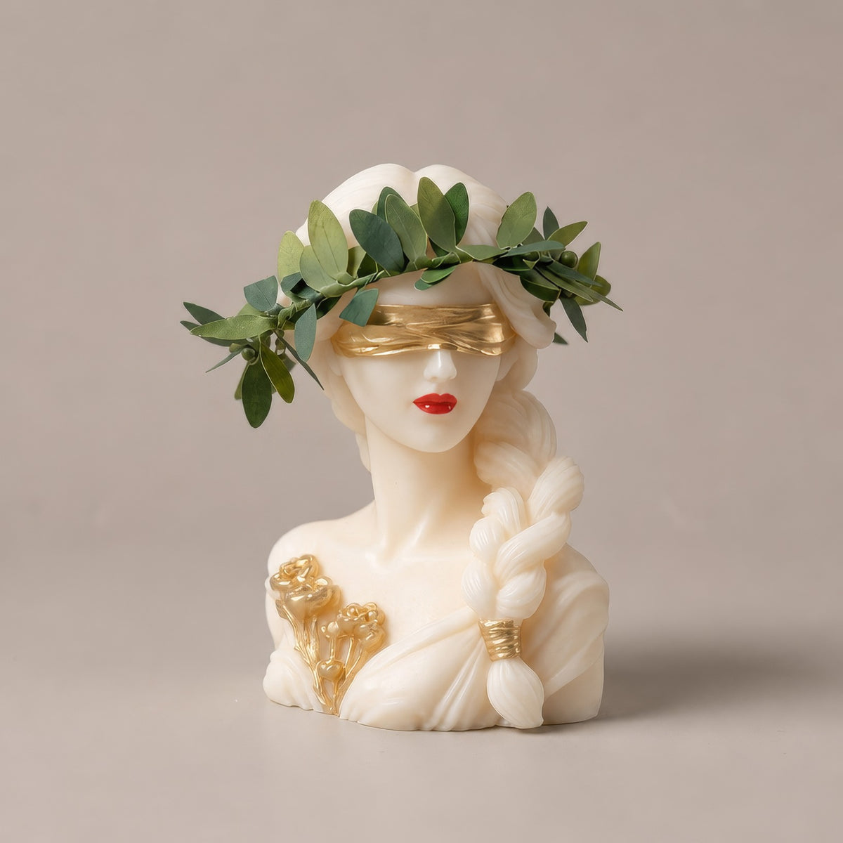 Candela Dea Bendata con treccia, corona d'alloro verde, benda e fiori in oro e labbra rosse