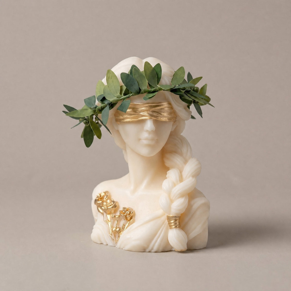 Candela Dea Bendata con treccia, corona d'alloro verde, benda e fiori rifiniti in oro