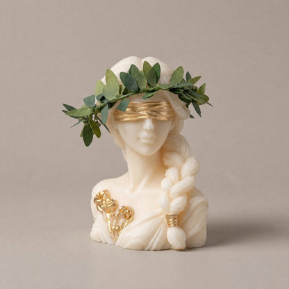 Candela Dea Bendata con treccia, corona d'alloro verde, benda e fiori rifiniti in oro