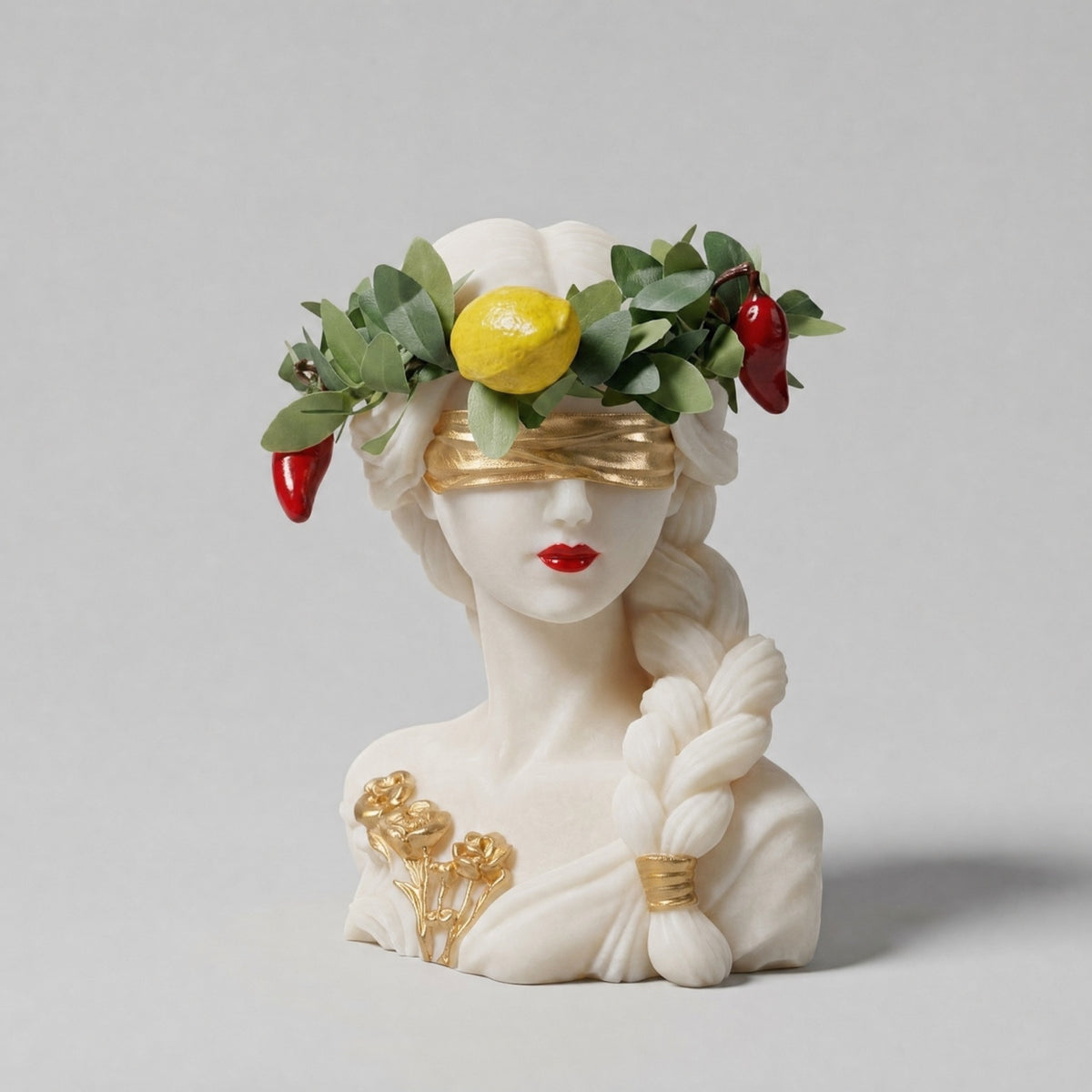 Candela Dea Bendata con treccia, corona con limone e peperoncini, benda e fiori in oro e labbra rosse