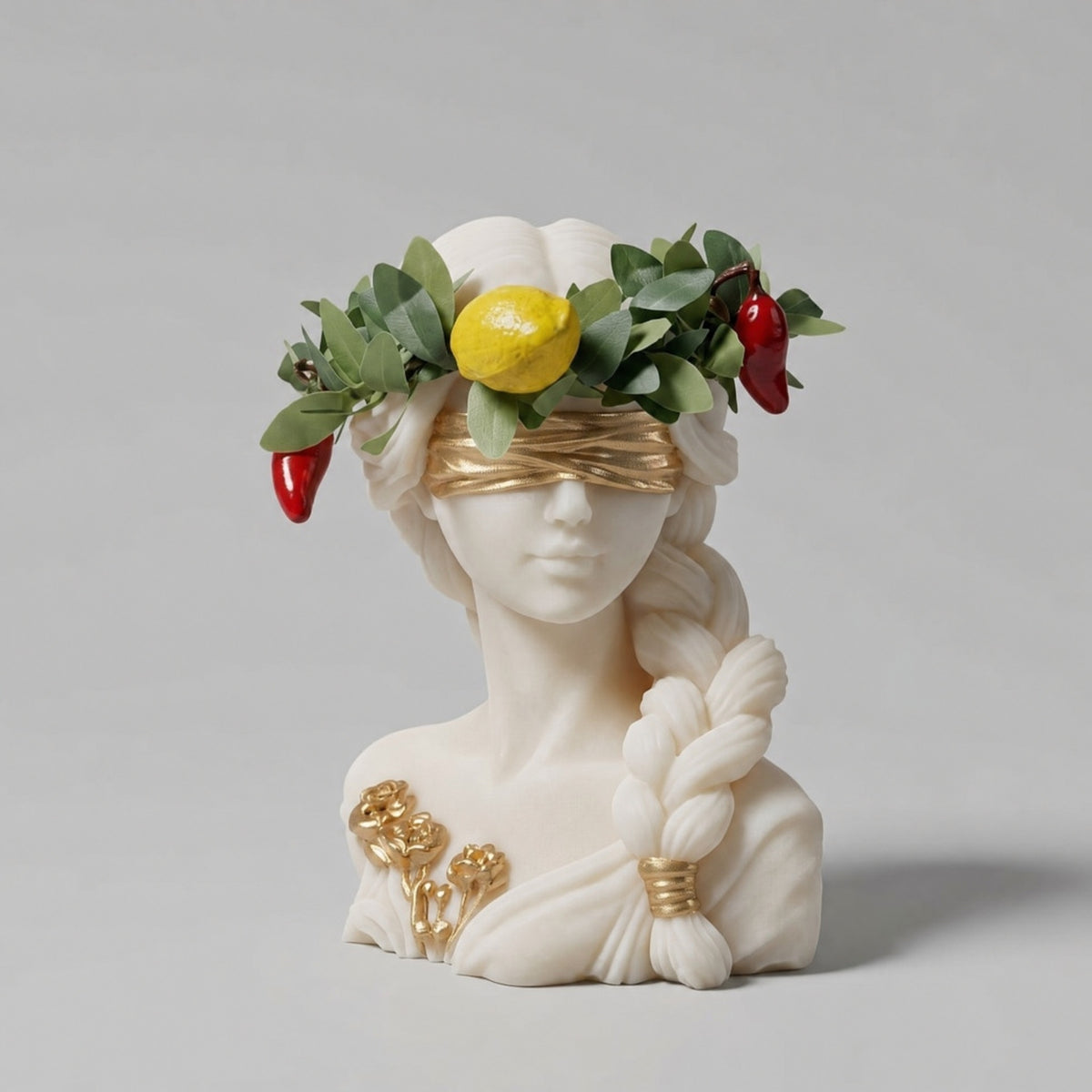 Candela Dea Bendata con treccia, corona d'alloro con limone e peperoncini, benda e fiori rifiniti in oro