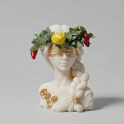 Candela Dea Bendata con treccia, corona d'alloro con limone e peperoncini, benda e fiori rifiniti in oro